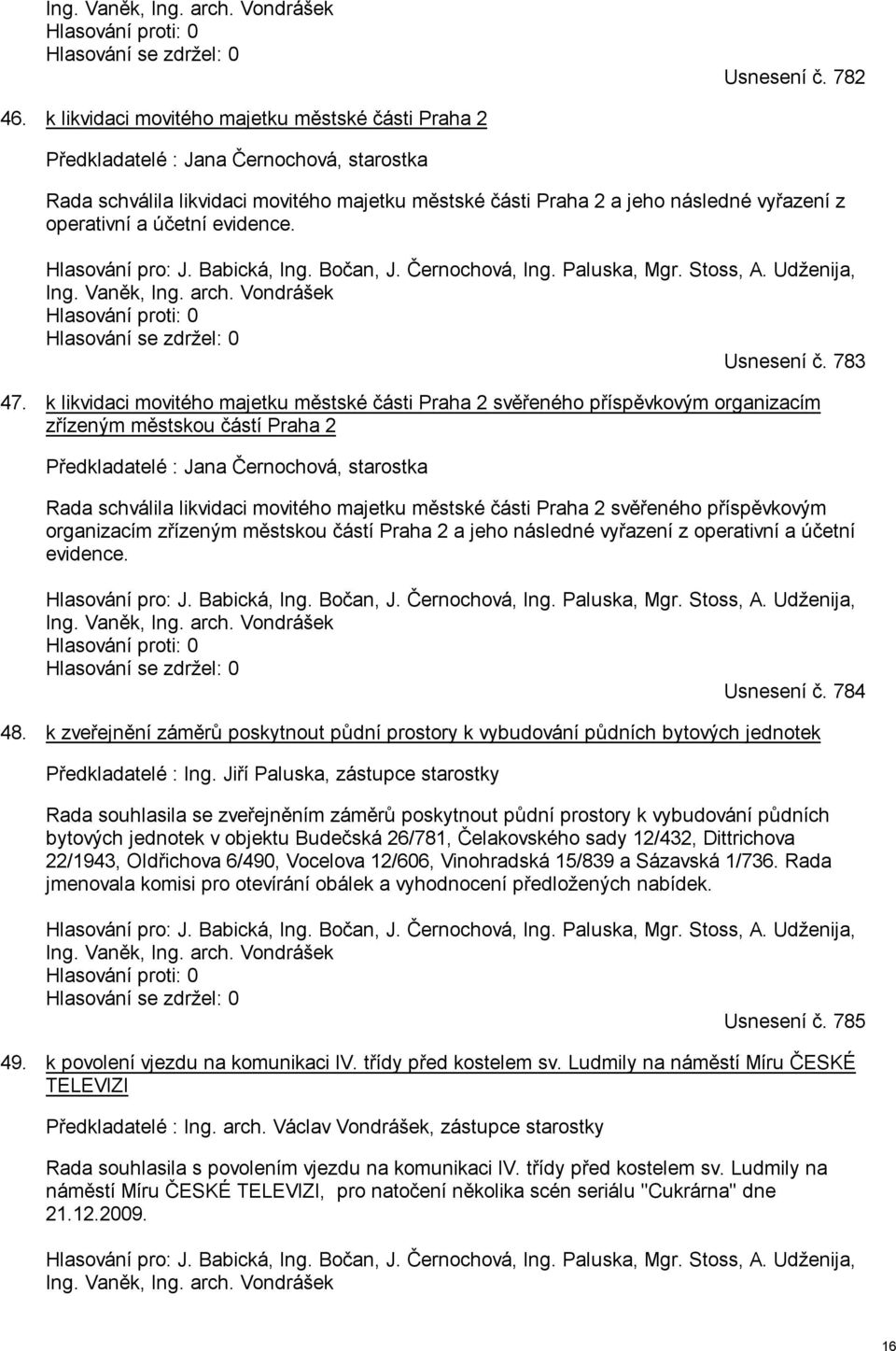 účetní evidence. Hlasování pro: J. Babická, Ing. Bočan, J. Černochová, Ing. Paluska, Mgr. Stoss, A. Udženija, Ing. Vaněk, Ing. arch. Vondrášek Hlasování proti: 0 Hlasování se zdržel: 0 Usnesení č.