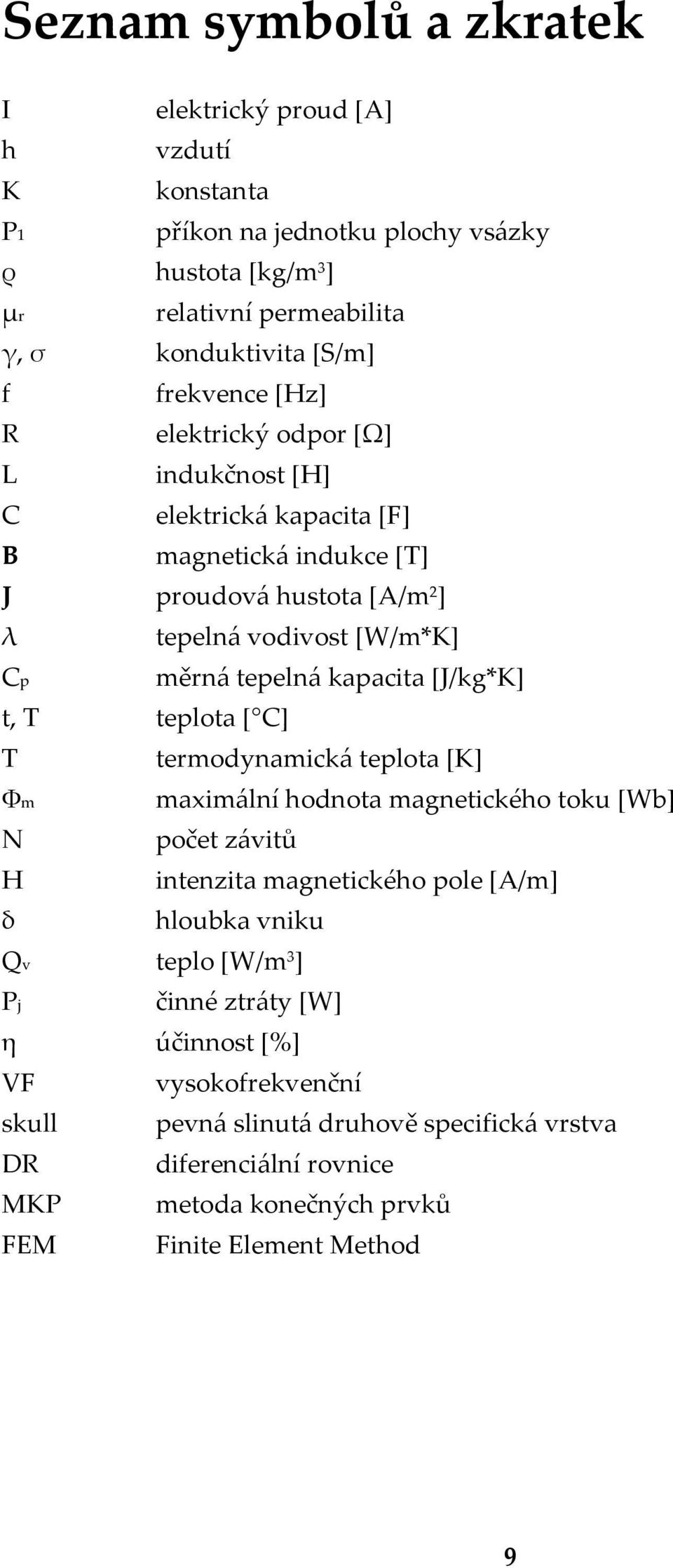 kapacita [J/kg*K] t, T teplota [ C] T termodynamická teplota [K] Φm N H δ maximální hodnota magnetického toku [Wb] počet závitů intenzita magnetického pole [A/m] hloubka vniku Qv