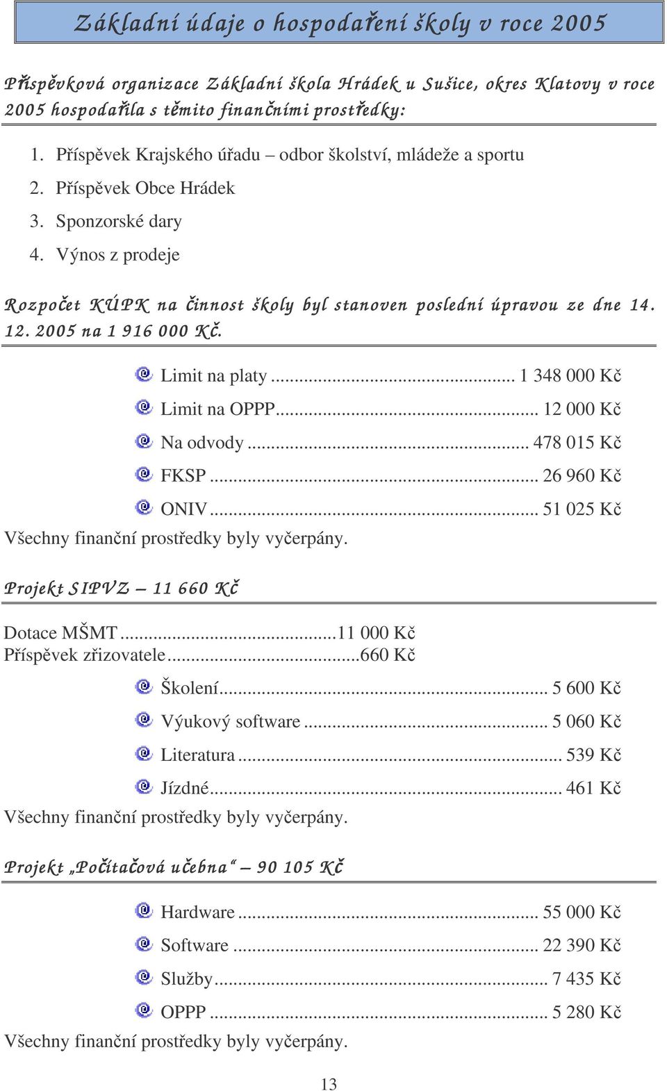 2005 na 1 916 000 Kč. Limit na platy... 1 348 000 Kč Limit na OPPP... 12 000 Kč Na odvody... 478 015 Kč FKSP... 26 960 Kč ONIV... 51 025 Kč Všechny finanční prostředky byly vyčerpány.