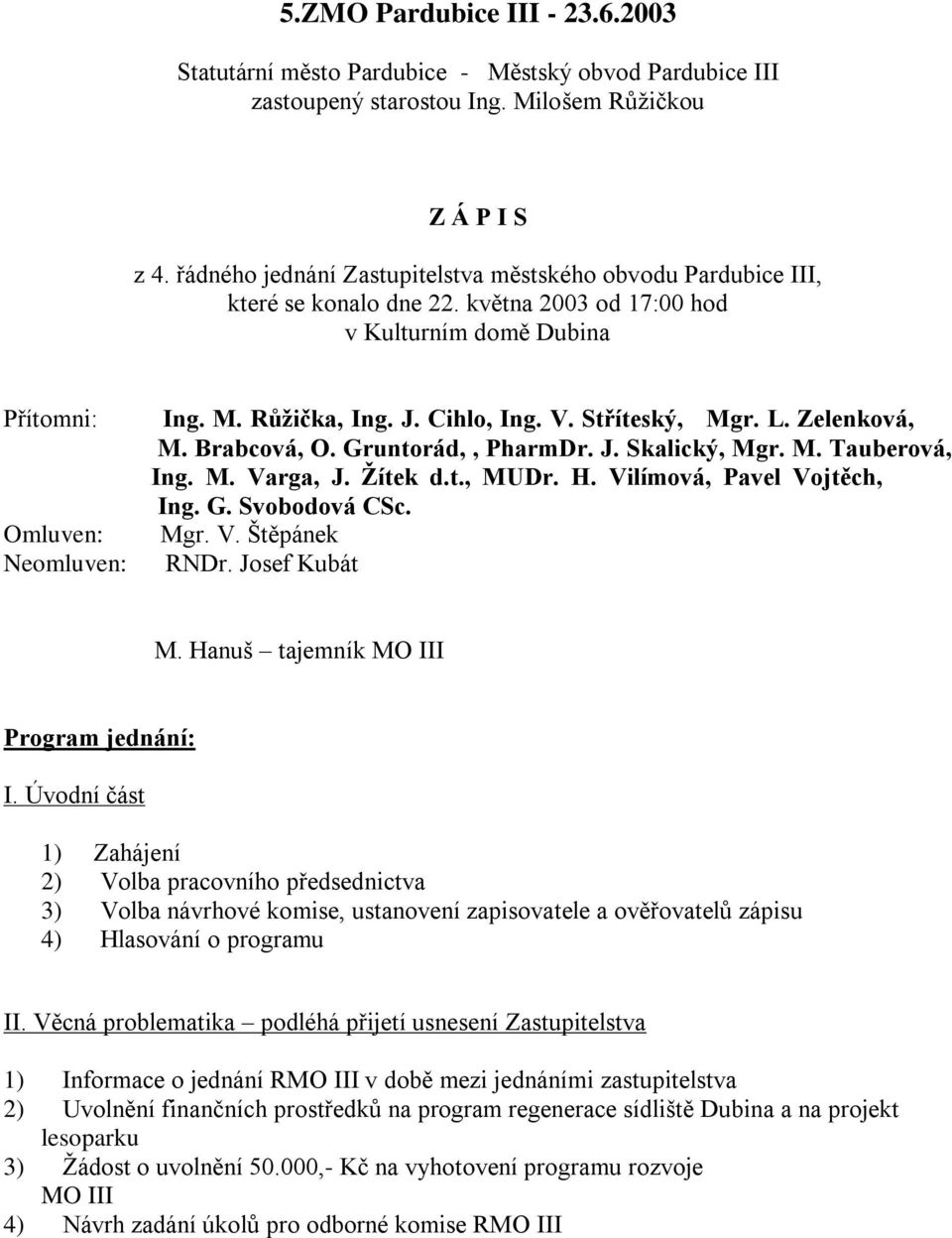 Cihlo, Ing. V. Stříteský, Mgr. L. Zelenková, M. Brabcová, O. Gruntorád,, PharmDr. J. Skalický, Mgr. M. Tauberová, Ing. M. Varga, J. Ţítek d.t., MUDr. H. Vilímová, Pavel Vojtěch, Ing. G. Svobodová CSc.