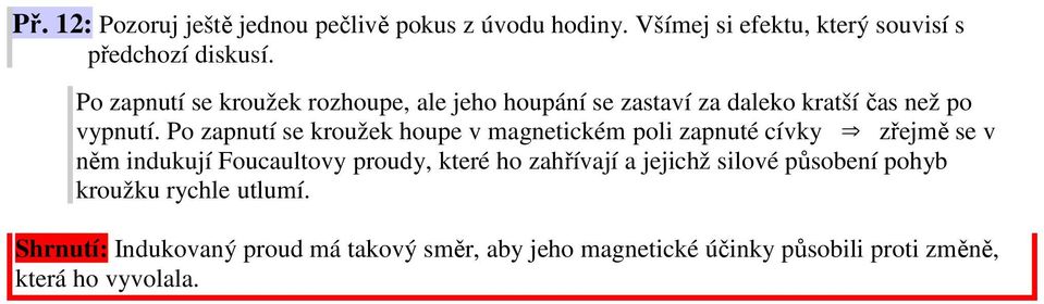 Po zapnutí se kroužek houpe v magnetickém poli zapnuté cívky zřejmě se v něm indukují Foucaultovy proudy, které ho zahřívají