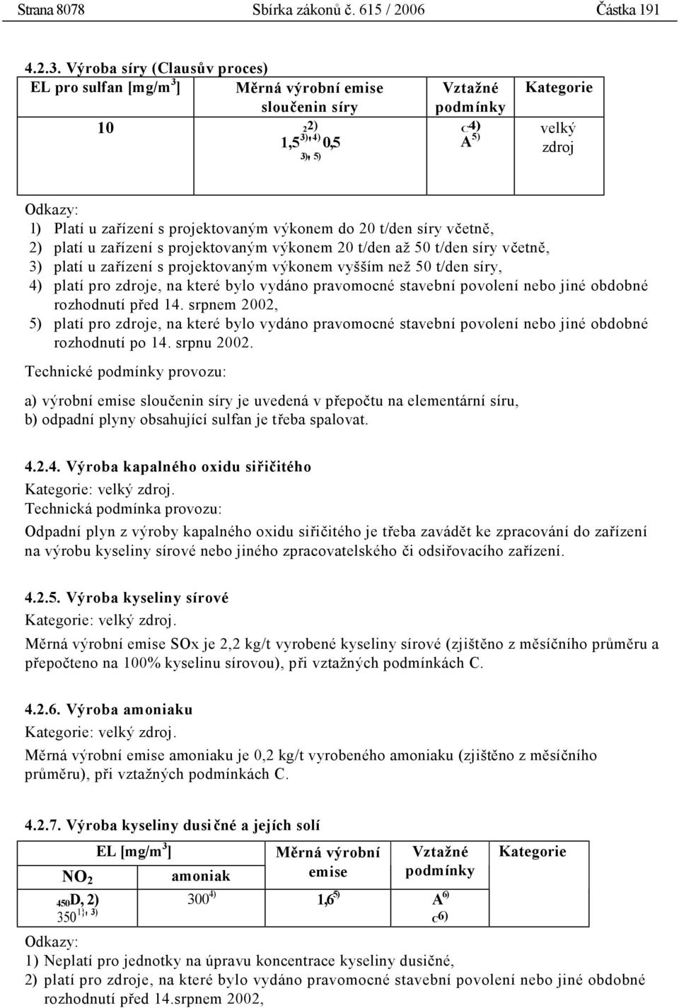 síry včetně, 2) platí u zařízení s projektovaným výkonem 20 t/den až 50 t/den síry včetně, 3) platí u zařízení s projektovaným výkonem vyšším než 50 t/den síry, 4) platí pro zdroje, na které bylo