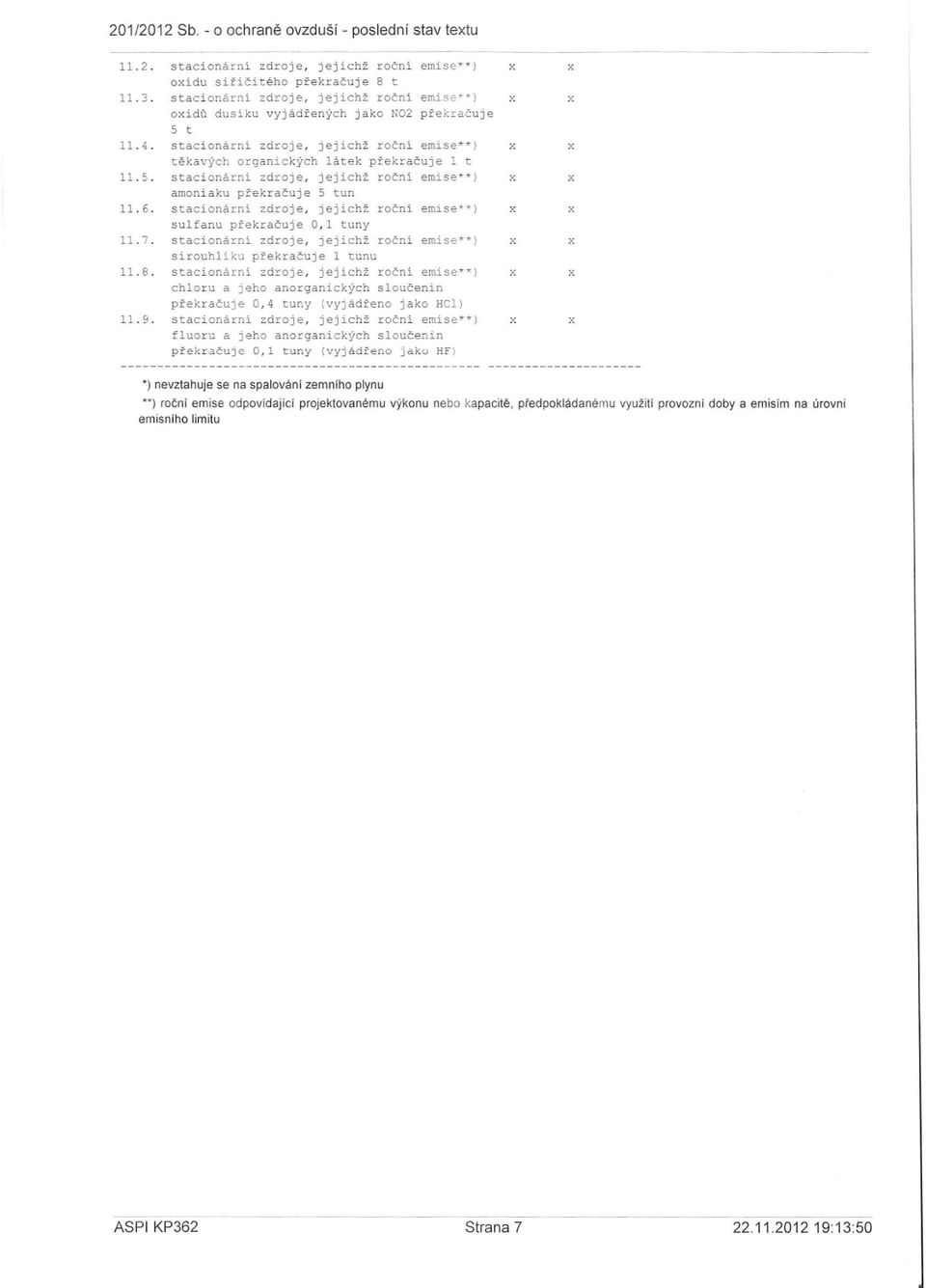 6. stacionární zdroje, jejichž roční emise**) sulfanu překračuje 0,1 tuny 11.7. stacionární zdroje, jejichž roční emise**) sirouhlíku překračuje 1 tunu 11.8.