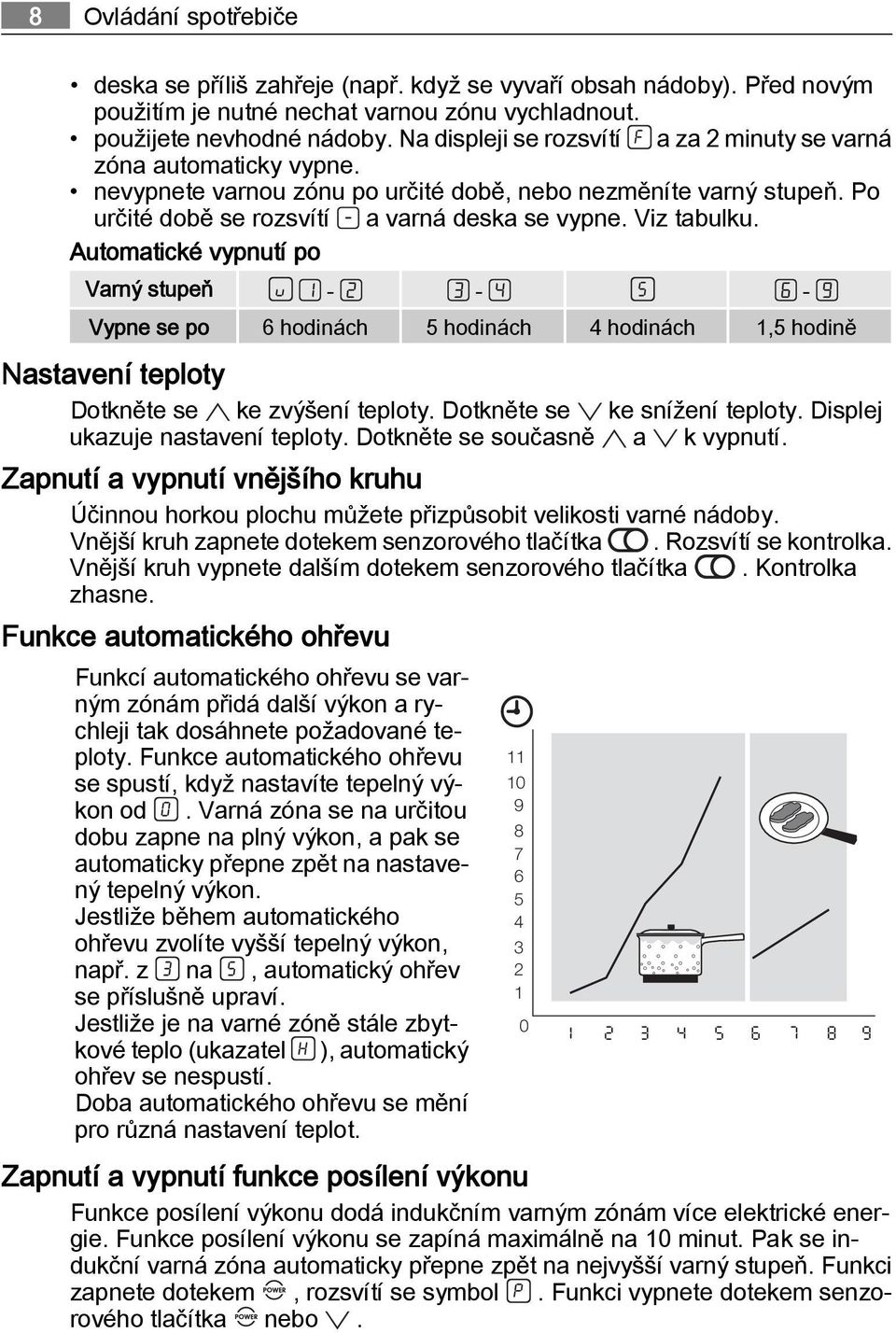 Viz tabulku. Automatické vypnutí po Varný stupeň - - - Vypne se po 6 hodinách 5 hodinách 4 hodinách 1,5 hodině Nastavení teploty Dotkněte se ke zvýšení teploty. Dotkněte se ke snížení teploty.