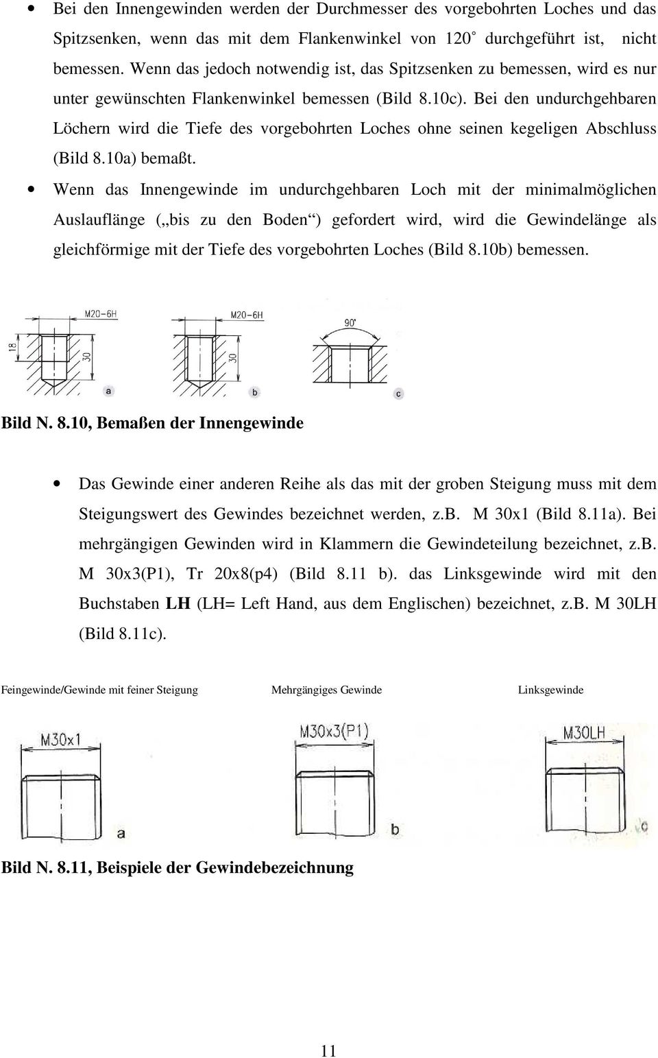 Bei den undurchgehbaren Löchern wird die Tiefe des vorgebohrten Loches ohne seinen kegeligen Abschluss (Bild 8.10a) bemaßt.