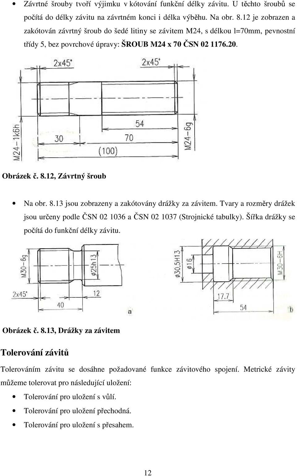 8.13 jsou zobrazeny a zakótovány drážky za závitem. Tvary a rozměry drážek jsou určeny podle ČSN 02 1036 a ČSN 02 1037 (Strojnické tabulky). Šířka drážky se počítá do funkční délky závitu. Obrázek č.