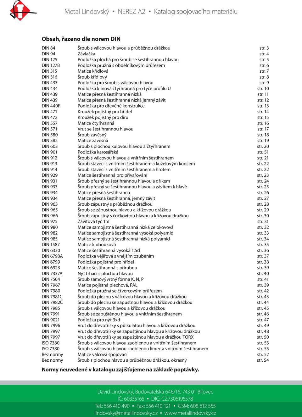 9 DIN 434 Položka klínová čtyřhranná pro tyče profilu U str. 10 DIN 439 Matice přesná šestihranná nízká str. 11 DIN 439 Matice přesná šestihranná nízká jemný závit str.