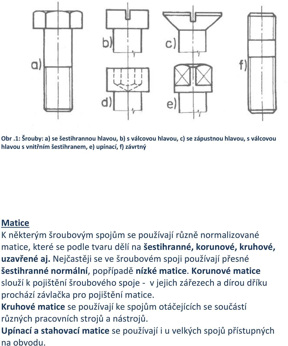 Nejčastěji se ve šroubovém spoji používají přesné šestihranné normální, popřípadě nízké matice.