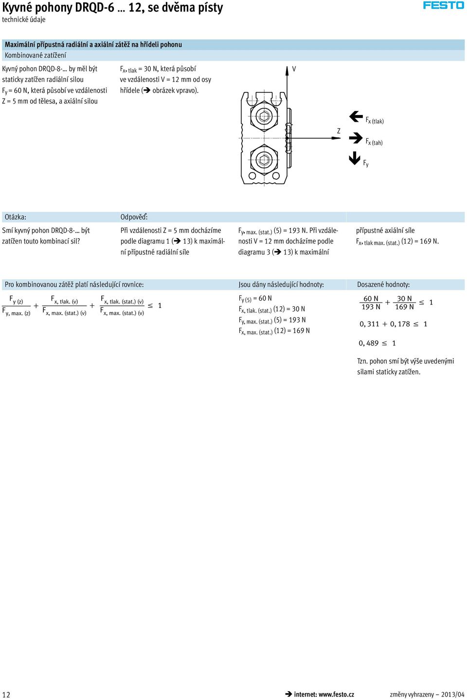 V Z F x (tlak) F x (tah) F y Otázka: Odpověď: Smí kyvný pohon DRQD-8- být zatížen touto kombinací sil?