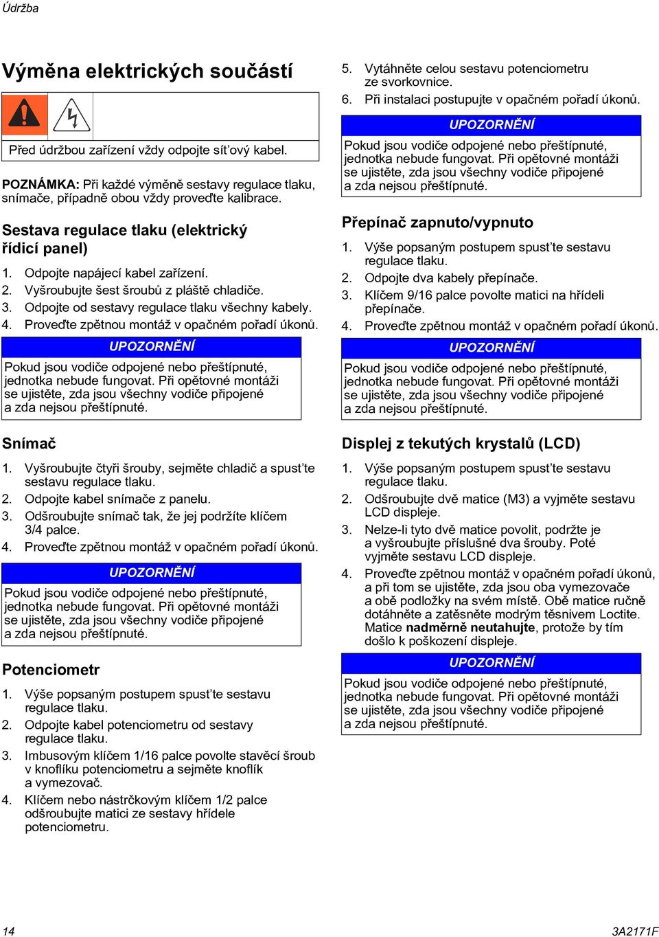 Proveïte zpìtnou montáž v opaèném poøadí úkonù. UPOZORNÌNÍ Pokud jsou vodièe odpojené nebo pøeštípnuté, jednotka nebude fungovat.