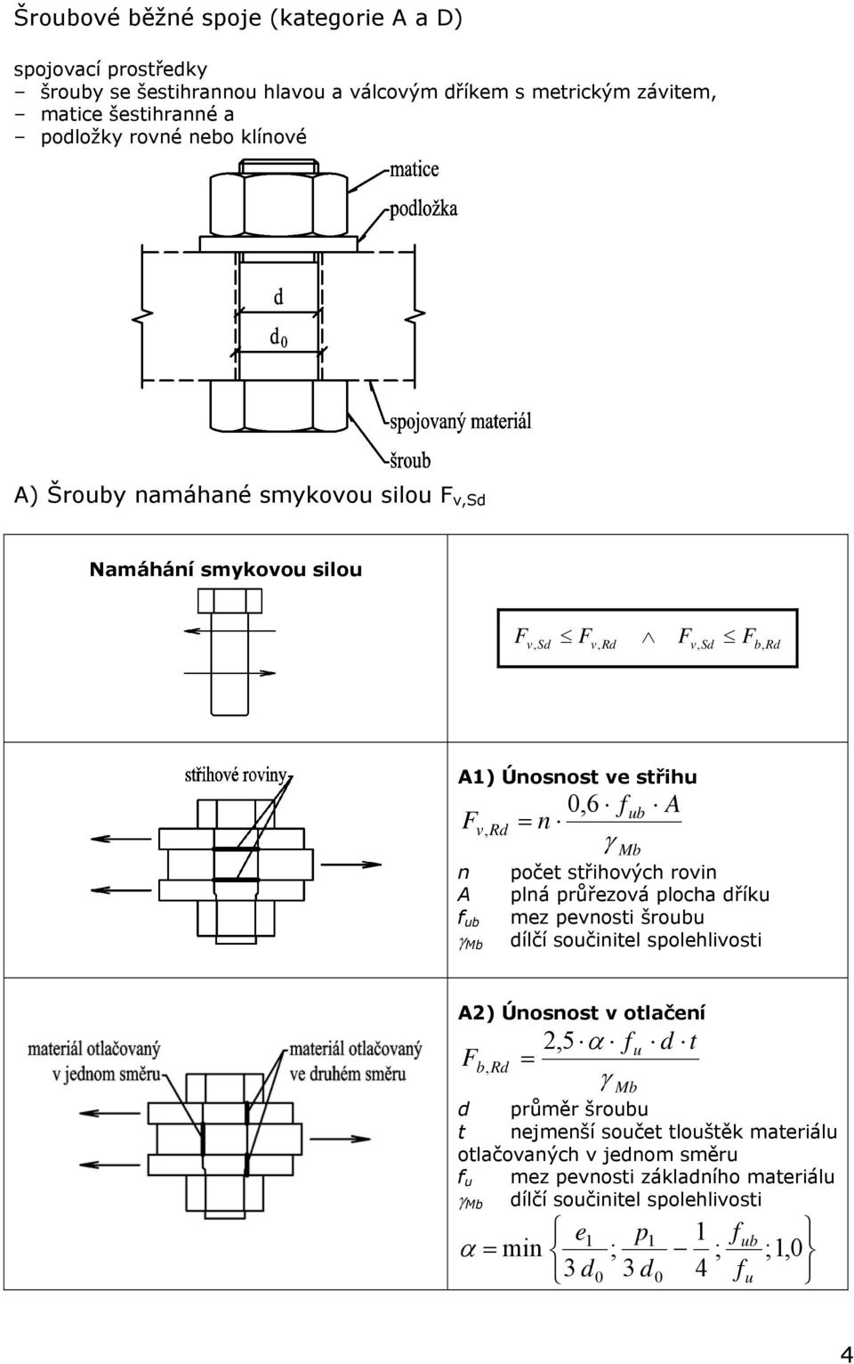 A plná průřezová plocha dříku ub mez pevnosti šroubu dílčí součinitel spolehlivosti A2) Únosnost v otlačení α = 2, 5 d t u b, d průměr šroubu t nejmenší