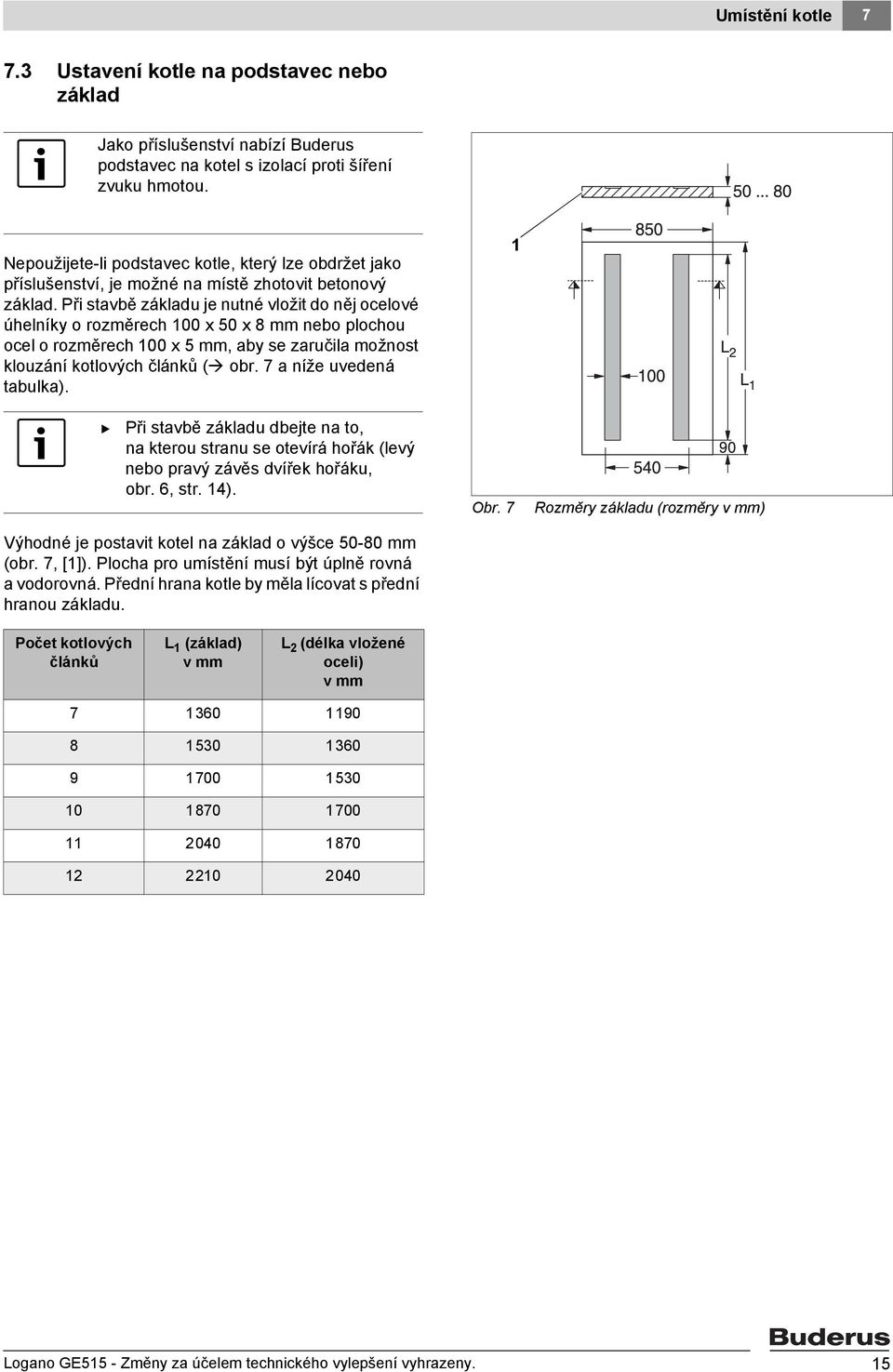 Při stavbě základu je nutné vložit do něj ocelové úhelníky o rozměrech 00 x 50 x 8 mm nebo plochou ocel o rozměrech 00x5mm, aby se zaručila možnost klouzání kotlových článků ( obr.