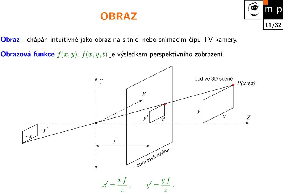 Obrazová funkce f(x, y), f(x, y, t) je výsledkem perspektivního