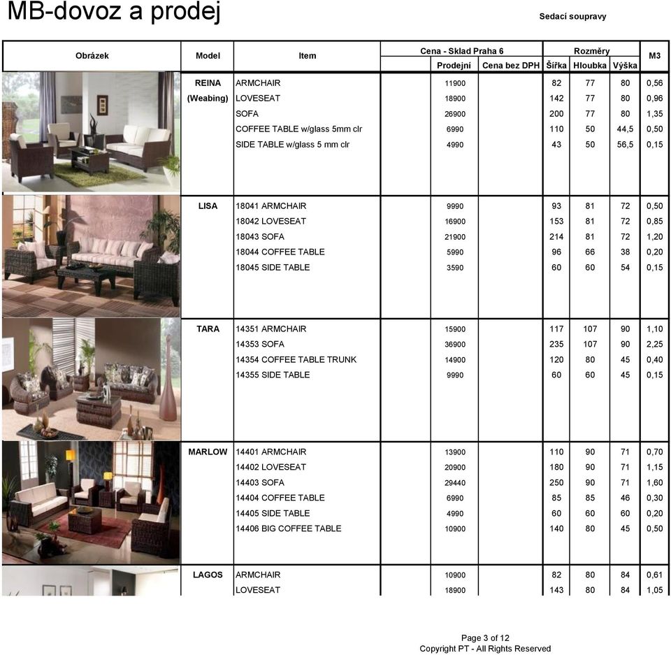 ARMCHAIR 15900 117 107 90 1,10 14353 SOFA 36900 235 107 90 2,25 14354 COFFEE TABLE TRUNK 14900 120 80 45 0,40 14355 SIDE TABLE 9990 60 60 45 0,15 MARLOW 14401 ARMCHAIR 13900 110 90 71 0,70 14402