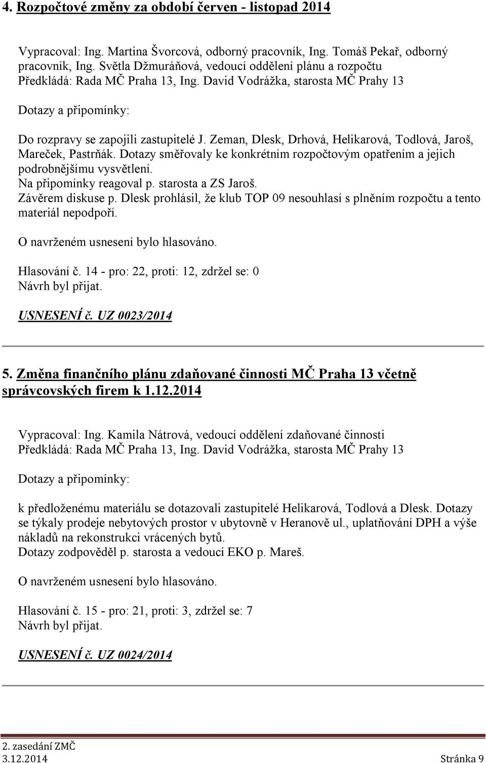 Zeman, Dlesk, Drhová, Helikarová, Todlová, Jaroš, Mareček, Pastrňák. Dotazy směřovaly ke konkrétním rozpočtovým opatřením a jejich podrobnějšímu vysvětlení. Na připomínky reagoval p.