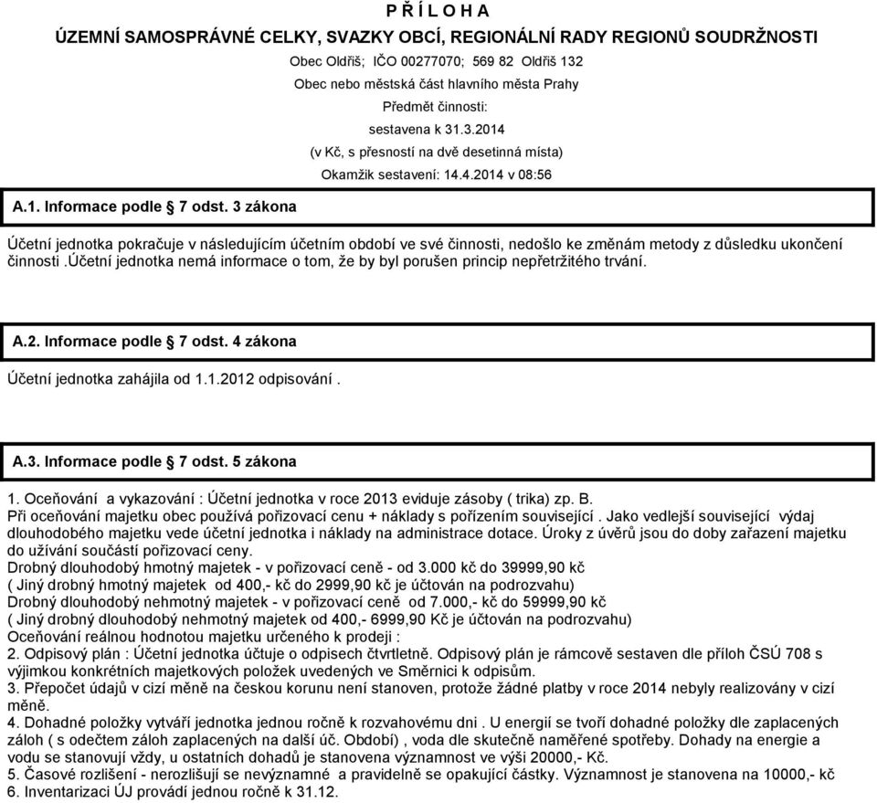 4.2014 v 08:56 Účetní jednotka pokračuje v následujícím účetním období ve své činnosti, nedošlo ke změnám metody z důsledku ukončení činnosti.