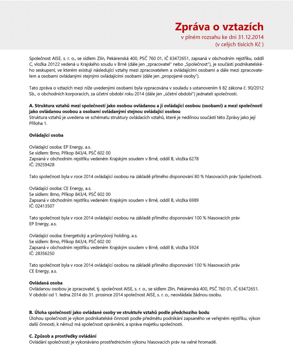 , se sídlem Zlín, Pekárenská 400, PSČ 760 01, IČ 63472651, zapsaná v obchodním rejstříku, oddíl C, vložka 20122 vedená u Krajského soudu v Brně (dále jen zpracovatel nebo Společnost ), je součástí