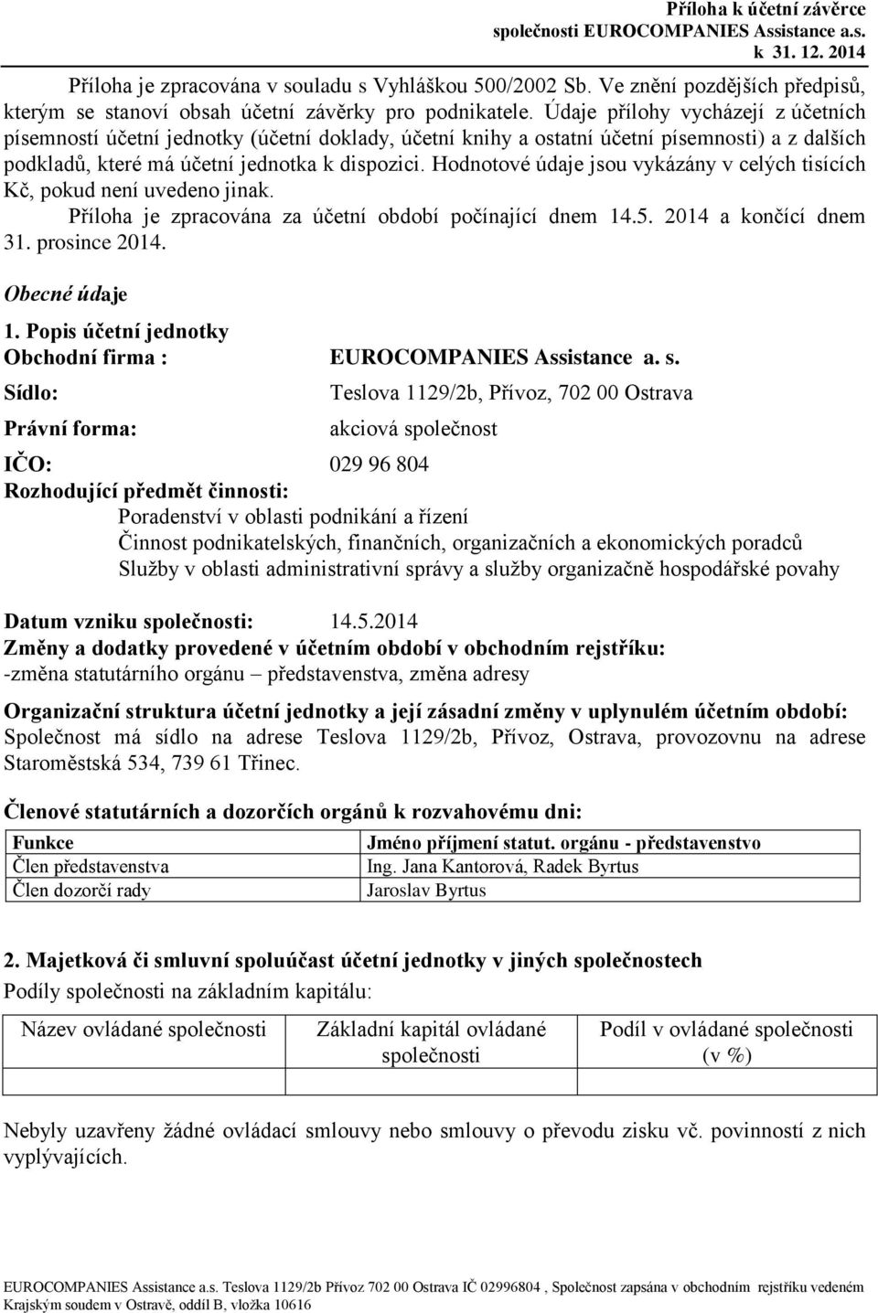 Hodnotové údaje jsou vykázány v celých tisících Kč, pokud není uvedeno jinak. Příloha je zpracována za účetní počínající dnem 14.5. 2014 a končící dnem 31. prosince 2014. Obecné údaje 1.