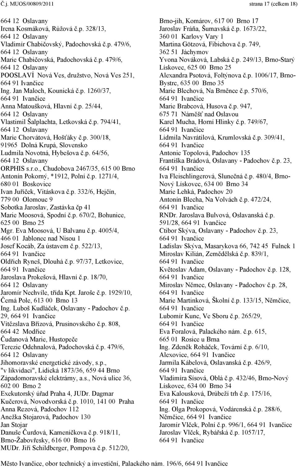 p. 64/56, ORPHIS s.r.o., Chudobova 2467/35, 615 00 Brno Antonín Pokorný, *1912, Polní č.p. 1271/4, 680 01 Boskovice Ivan Juříček, Vitáskova č.p. 332/6, Hejčín, 779 00 Olomouc 9 Sobotka Jaroslav, Zastávka čp 41 Marie Moosová, Spodní č.