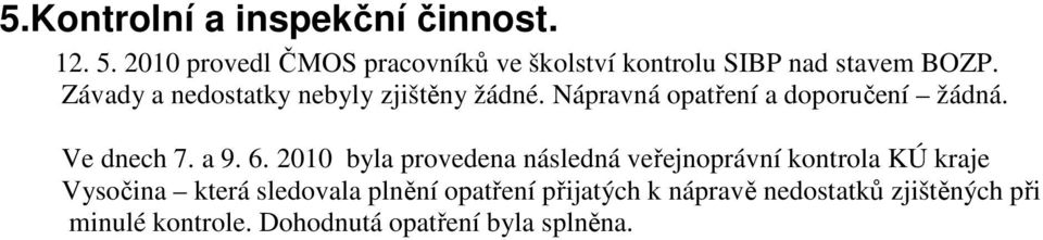 Závady a nedostatky nebyly zjištěny žádné. Nápravná opatření a doporučení žádná. Ve dnech 7. a 9. 6.