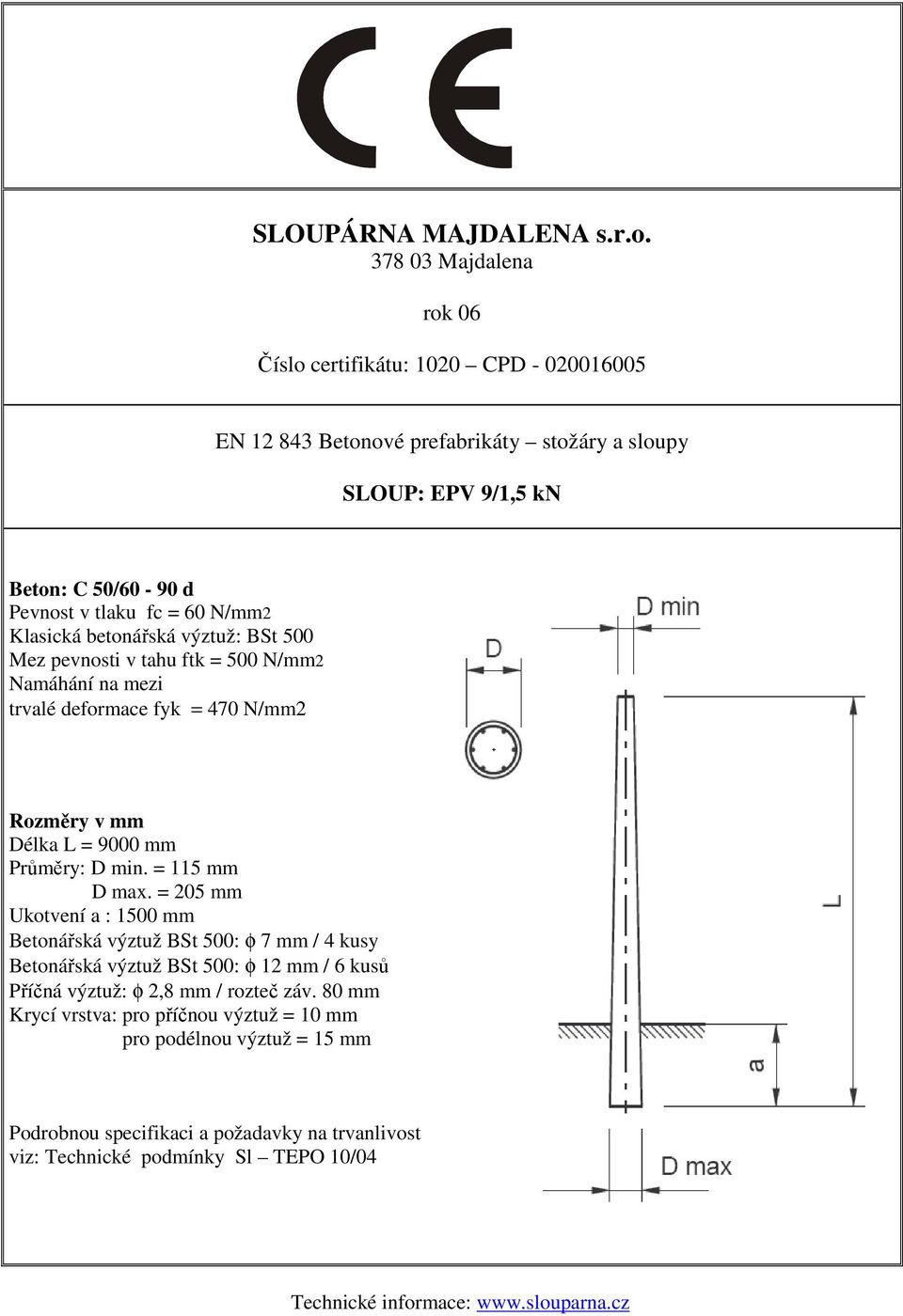 = 205 mm Ukotvení a : 1500 mm Betonářská výztuž BSt 500: φ 7