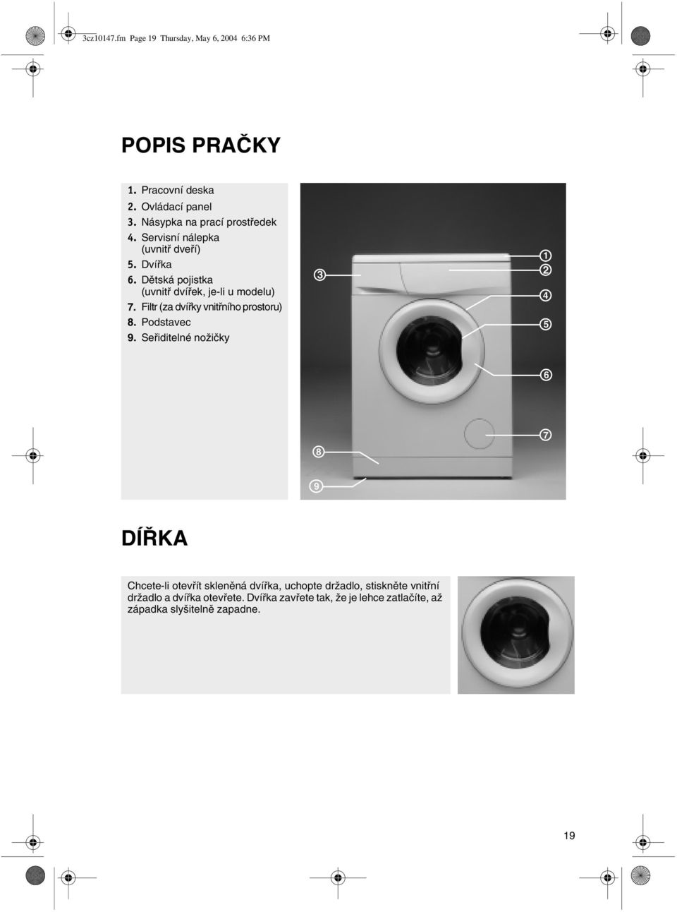 Dětská pojistka (uvnitř dvířek, je-li u modelu) 7. Filtr (za dvířky vnitřního prostoru) 8. Podstavec 9.