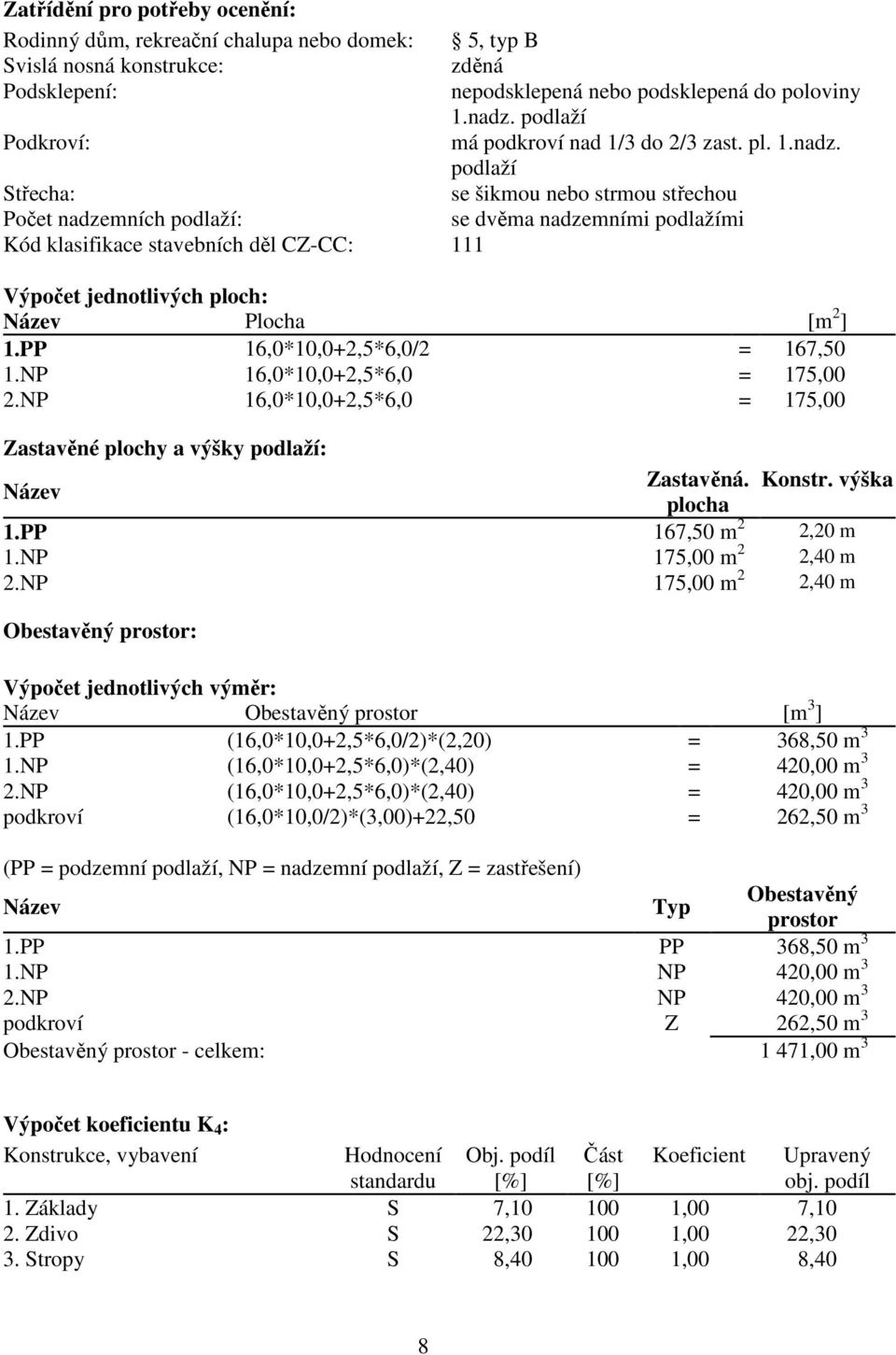 podlaží Střecha: se šikmou nebo strmou střechou Počet nadzemních podlaží: se dvěma nadzemními podlažími Kód klasifikace stavebních děl CZ-CC: 111 Výpočet jednotlivých ploch: Název Plocha [m 2 ] 1.
