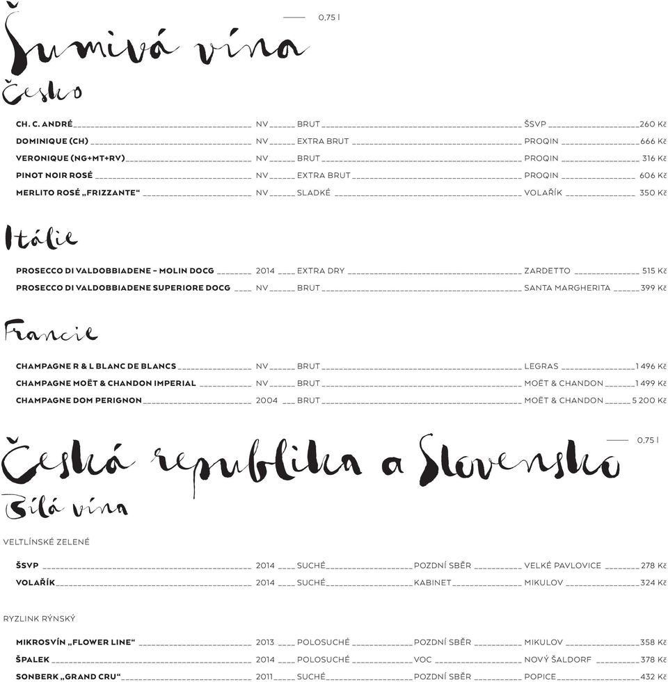 VOLAŘÍK 350 Kč Itálie PROSECCO DI VALDOBBIADENE MOLIN DOCG 2014 EXTRA DRY ZARDETTO 515 Kč PROSECCO DI VALDOBBIADENE SUPERIORE DOCG NV BRUT SANTA MARGHERITA 399 Kč Francie CHAMPAGNE R & L BLANC DE