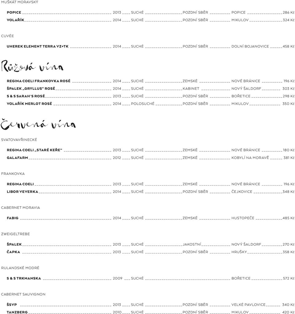 ROSÉ 2014 POLOSUCHÉ POZDNÍ SBĚR MIKULOV 350 Kč SVATOVAVŘINECKÉ REGINA COELI STARÉ KEŘE 2013 SUCHÉ ZEMSKÉ NOVÉ BRÁNICE 180 Kč GALAFARM 2012 SUCHÉ ZEMSKÉ KOBYLÍ NA MORAVĚ 381 Kč FRANKOVKA REGINA COELI