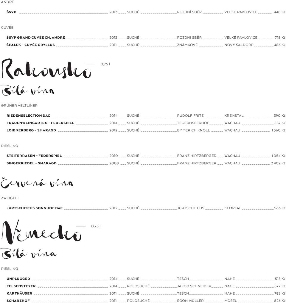 FRAUENWEINGARTEN FEDERSPIEL 2014 SUCHÉ TEGERNSEERHOF WACHAU 557 Kč LOIBNERBERG SMARAGD 2012 SUCHÉ EMMERICH KNOLL WACHAU 1 560 Kč RIESLING STEITERRASEN FEDERSPIEL 2010 SUCHÉ FRANZ HIRTZBERGER WACHAU 1