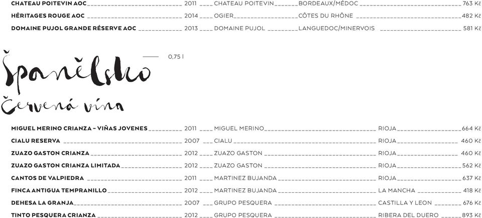 CRIANZA 2012 ZUAZO GASTON RIOJA 460 Kč ZUAZO GASTON CRIANZA LIMITADA 2012 ZUAZO GASTON RIOJA 562 Kč CANTOS DE VALPIEDRA 2011 MARTINEZ BUJANDA RIOJA 637 Kč FINCA