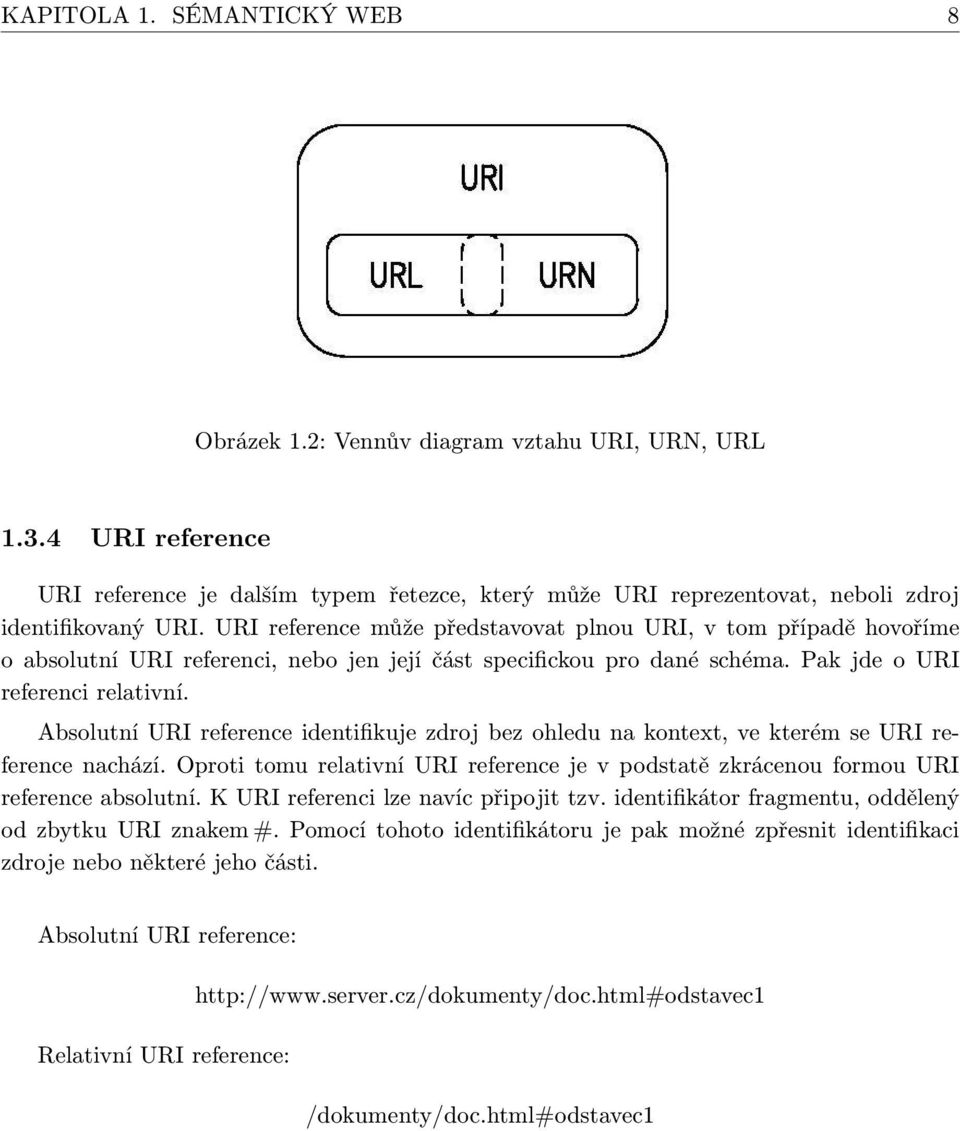 Absolutní URI reference identifikuje zdroj bez ohledu na kontext, ve kterém se URI reference nachází. Oproti tomu relativní URI reference je v podstatě zkrácenou formou URI reference absolutní.