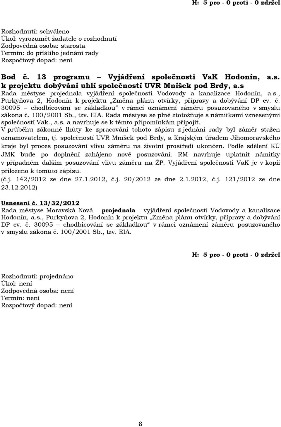 30095 chodbicování se základkou v rámci oznámení záměru posuzovaného v smyslu zákona č. 100/2001 Sb., tzv. EIA. Rada městyse se plně ztotožňuje s námitkami vznesenými společností Vak., a.s. a navrhuje se k těmto připomínkám připojit.