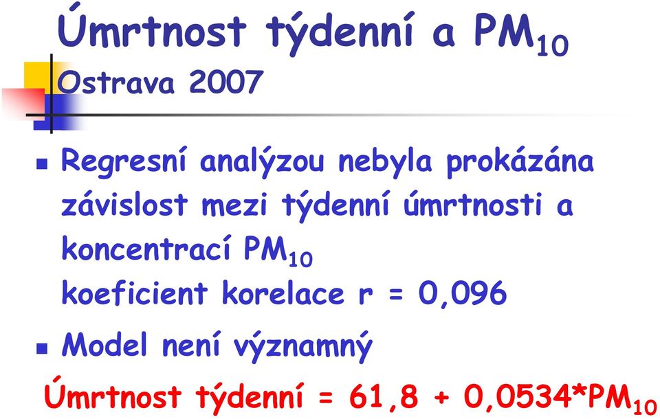 úmrtnosti a koncentrací PM 10 koeficient korelace r =
