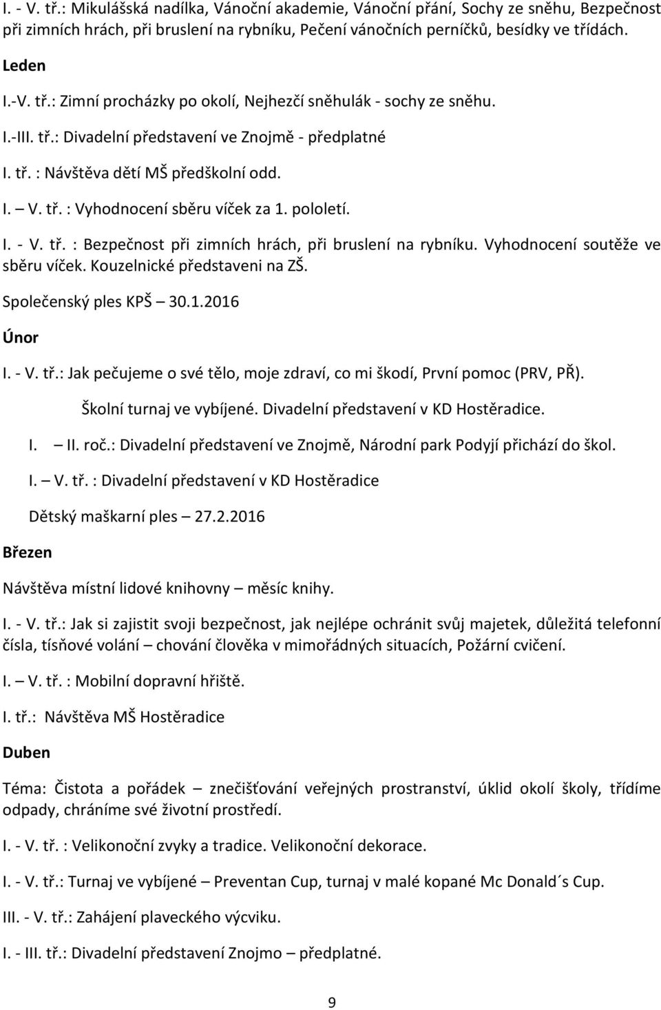 Vyhodnocení soutěže ve sběru víček. Kouzelnické představeni na ZŠ. Společenský ples KPŠ 30.1.2016 Únor I. - V. tř.: Jak pečujeme o své tělo, moje zdraví, co mi škodí, První pomoc (PRV, PŘ).