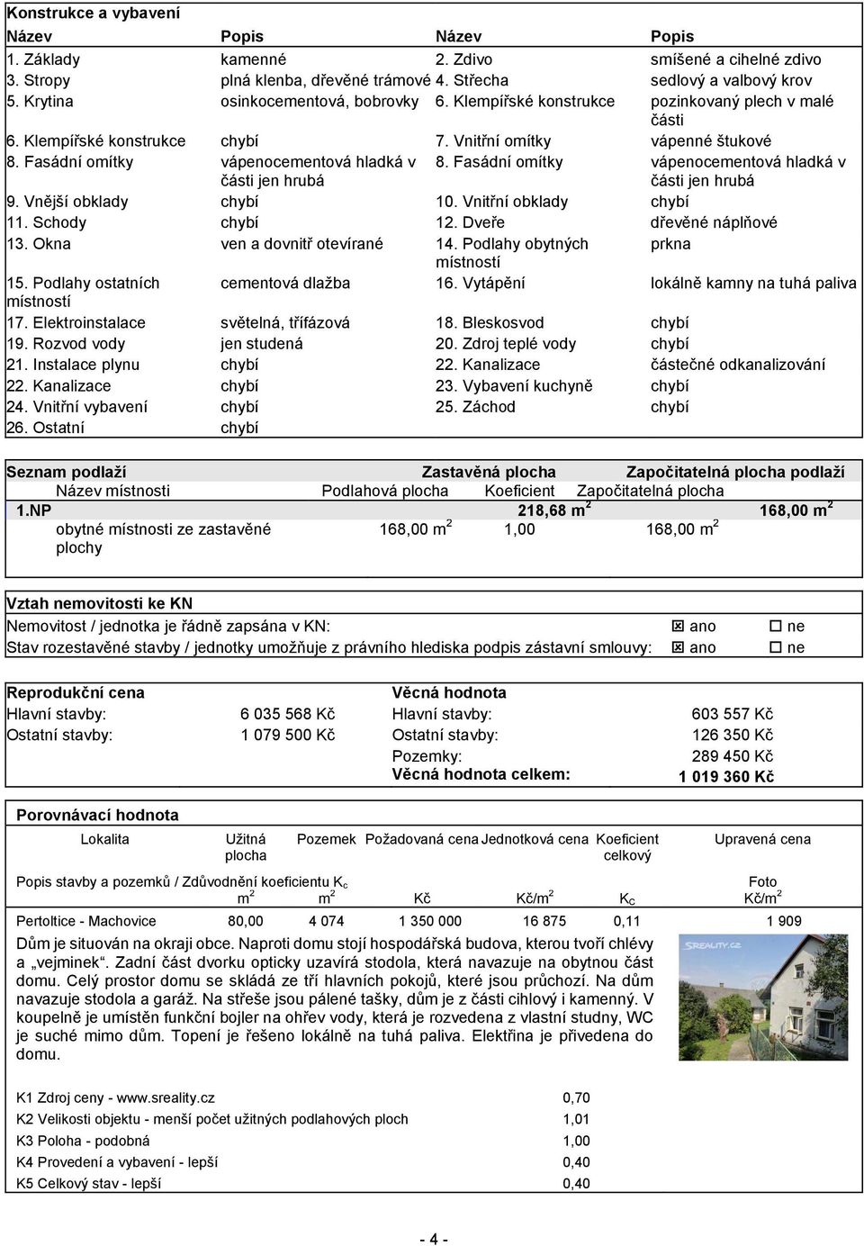 Fasádní omítky vápenocementová hladká v části jen hrubá 8. Fasádní omítky vápenocementová hladká v části jen hrubá 9. Vnější obklady chybí 10. Vnitřní obklady chybí 11. Schody chybí 12.