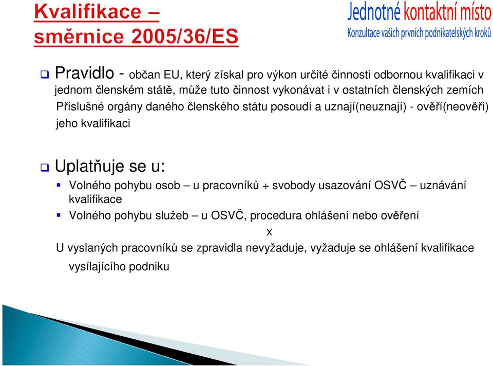 kvalifikaci Uplatňuje se u: Volného pohybu osob u pracovníků + svobody usazování OSVČ uznávání kvalifikace Volného pohybu služeb u