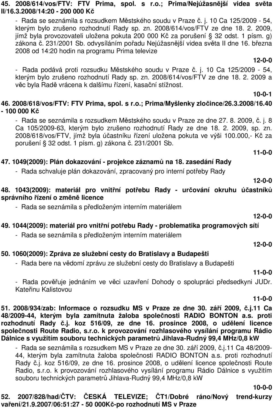 231/2001 Sb. odvysíláním pořadu Nejúžasnější videa světa II dne 16. března 2008 od 14:20 hodin na programu Prima televize - Rada podává proti rozsudku Městského soudu v Praze č. j.