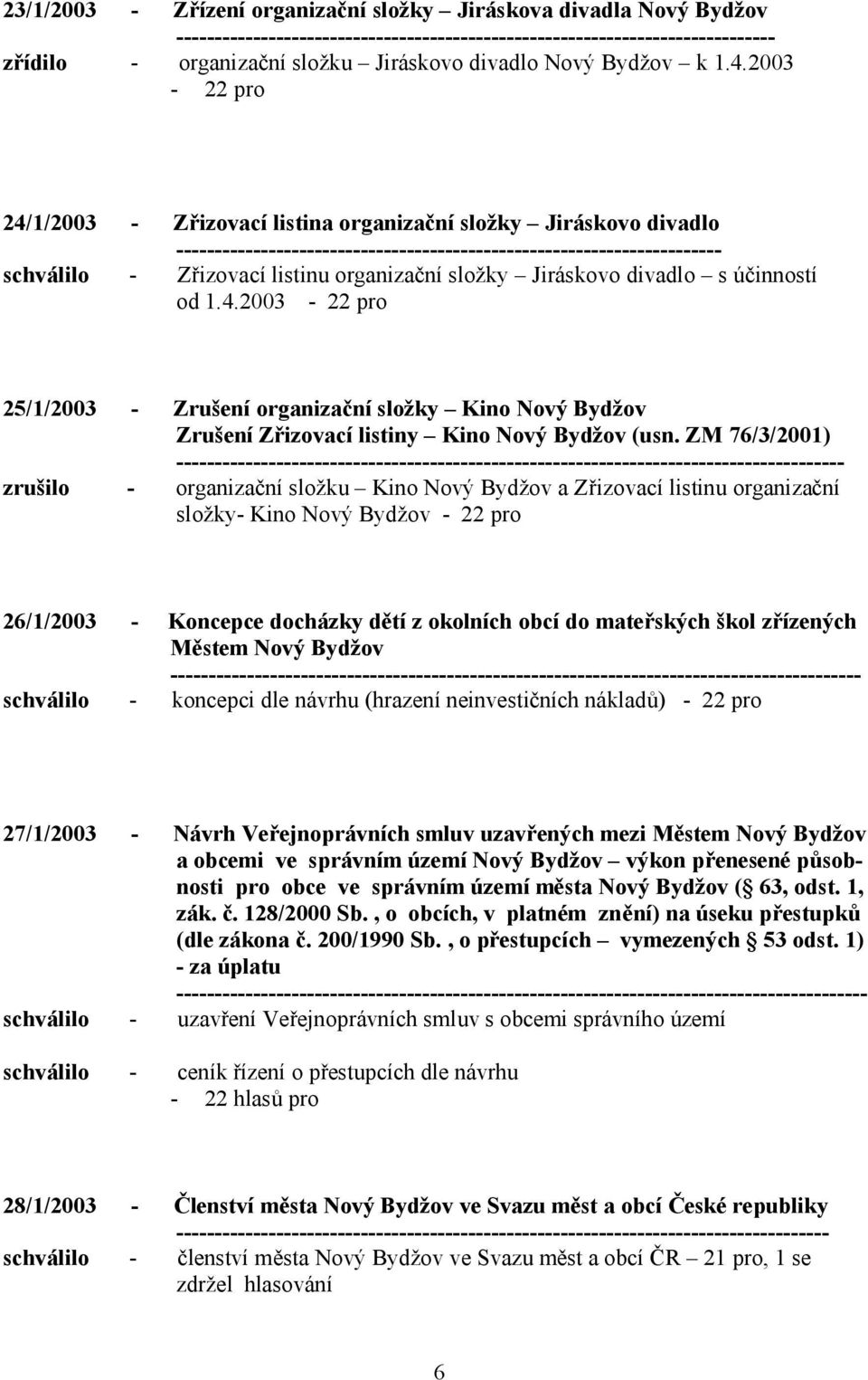 2003-22 pro 24/1/2003 - Zřizovací listina organizační složky Jiráskovo divadlo ----------------------------------------------------------------------- schválilo - Zřizovací listinu organizační složky