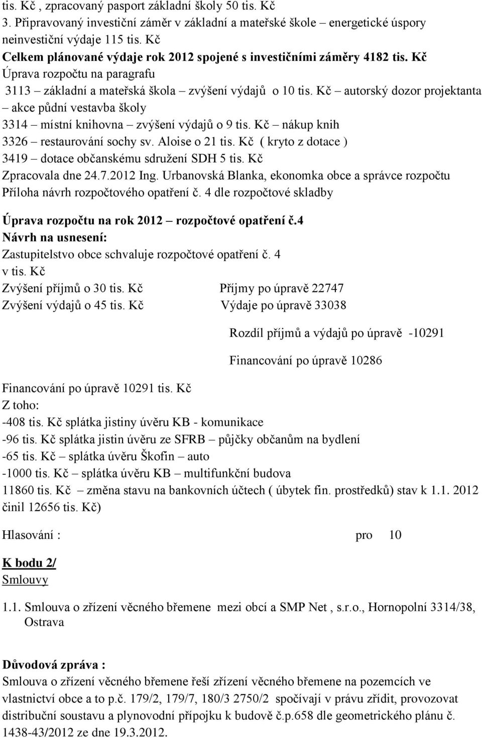 Kč autorský dozor projektanta akce půdní vestavba školy 3314 místní knihovna zvýšení výdajů o 9 tis. Kč nákup knih 3326 restaurování sochy sv. Aloise o 21 tis.