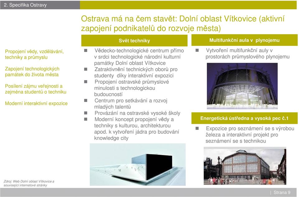 Dolní oblast Vítkovice Zatraktivnění technických oborů pro studenty díky interaktivní expozici Propojení ostravské průmyslové minulosti s technologickou budoucností Centrum pro setkávání a rozvoj