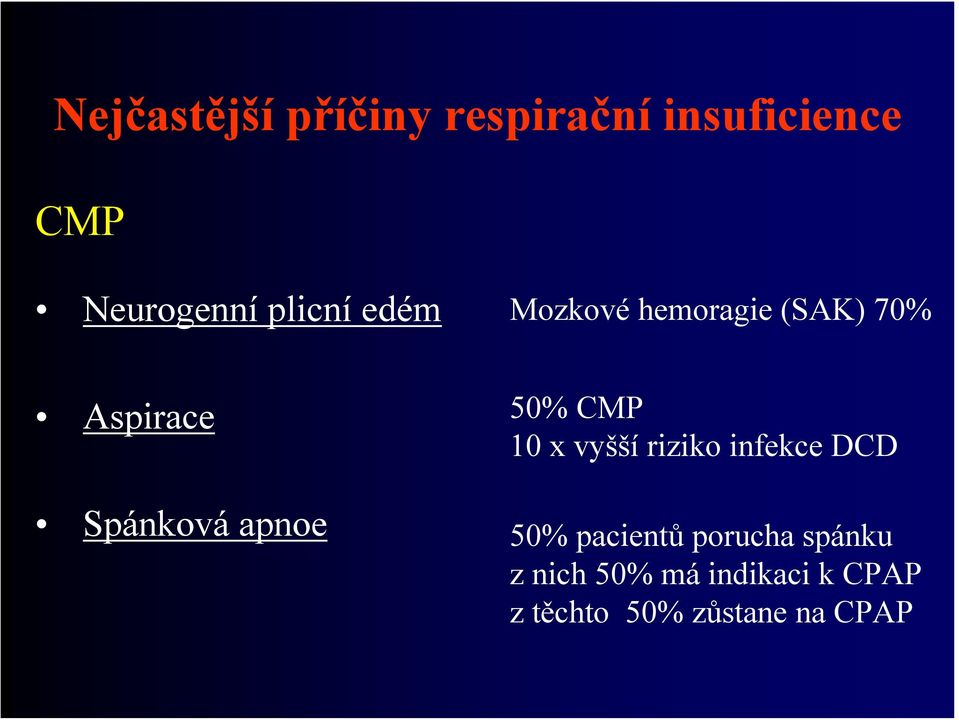 apnoe 50% CMP 10 x vyšší riziko infekce DCD 50% pacientů