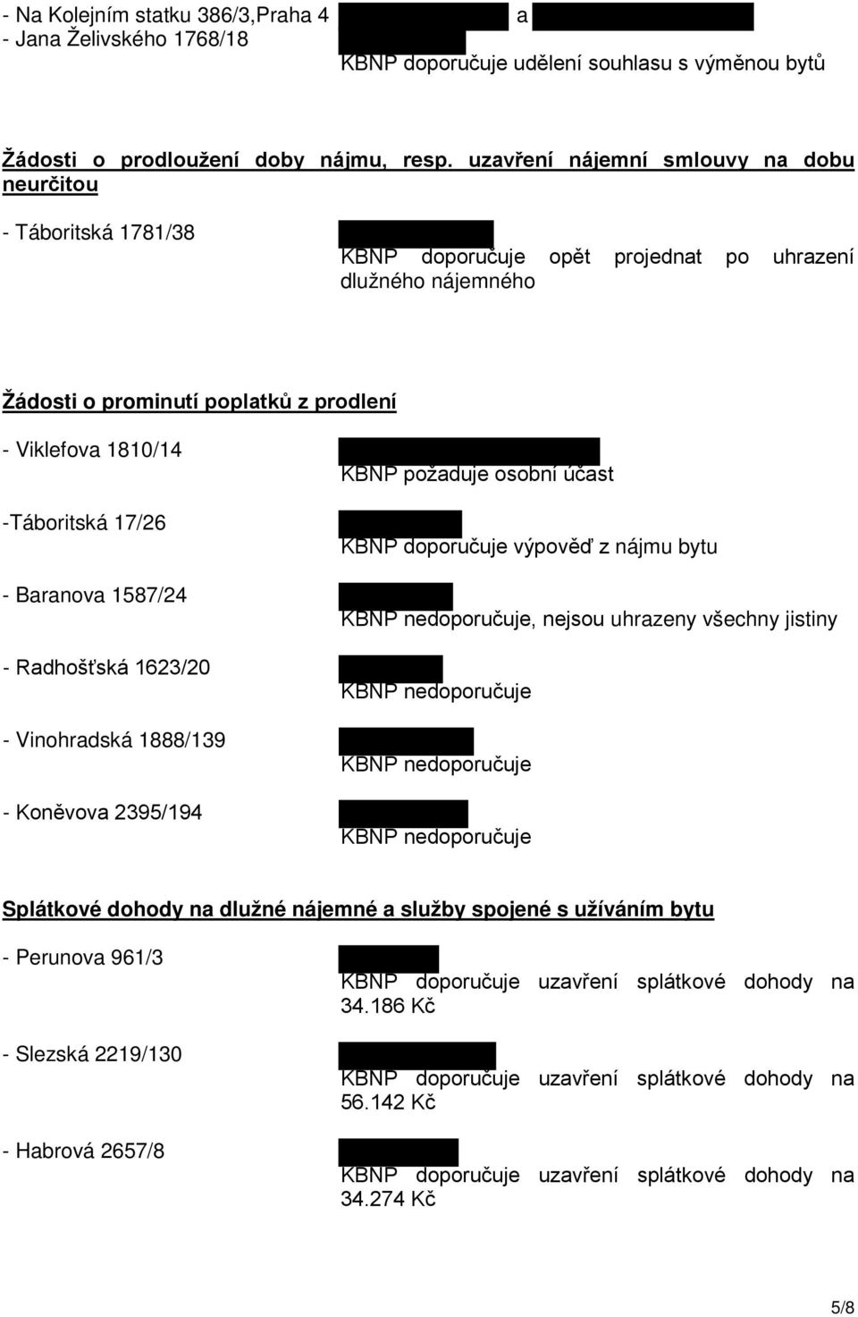 -Táboritská 17/26 - Baranova 1587/24 - Radhošťská 1623/20 - Vinohradská 1888/139 - Koněvova 2395/194 KBNP požaduje osobní účast KBNP doporučuje výpověď z nájmu bytu KBNP nedoporučuje, nejsou