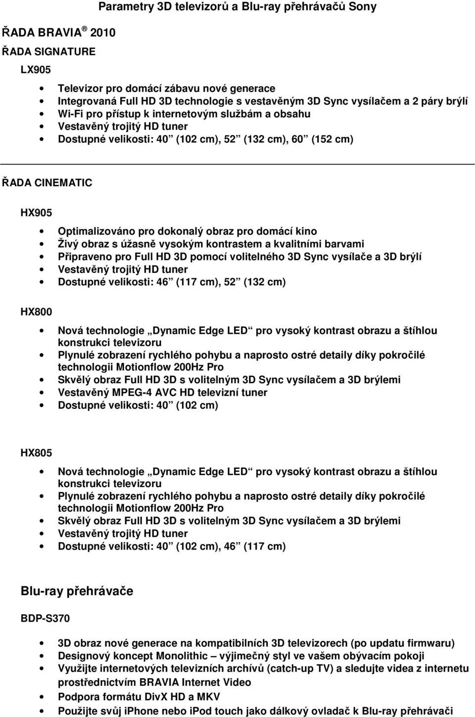 obraz s úžasně vysokým kontrastem a kvalitními barvami Připraveno pro Full HD 3D pomocí volitelného 3D Sync vysílače a 3D brýlí Dostupné velikosti: 46 (117 cm), 52 (132 cm) HX800 Nová technologie