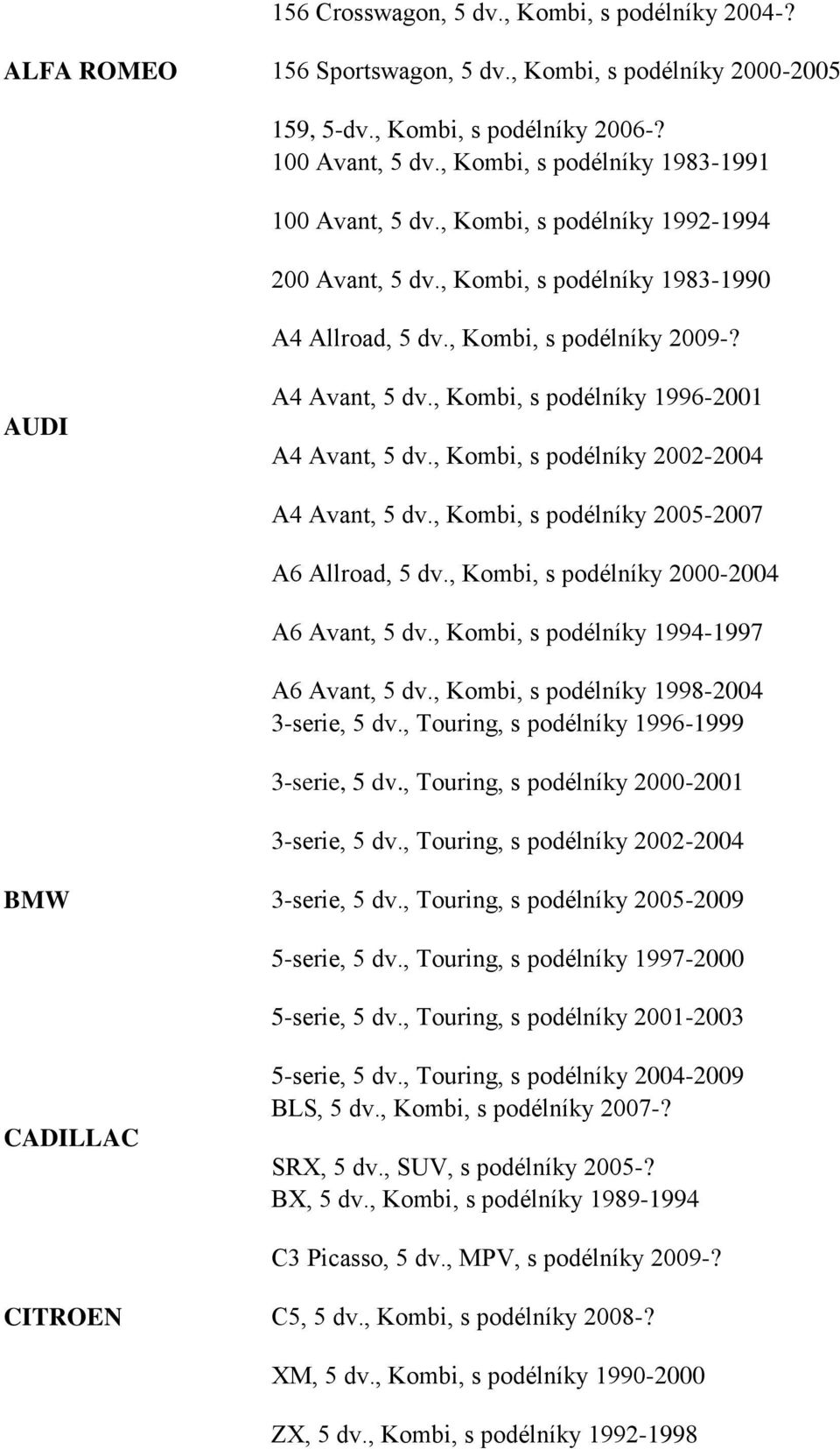 , Kombi, s podélníky 1996-2001 A4 Avant, 5 dv., Kombi, s podélníky 2002-2004 A4 Avant, 5 dv., Kombi, s podélníky 2005-2007 A6 Allroad, 5 dv., Kombi, s podélníky 2000-2004 A6 Avant, 5 dv.