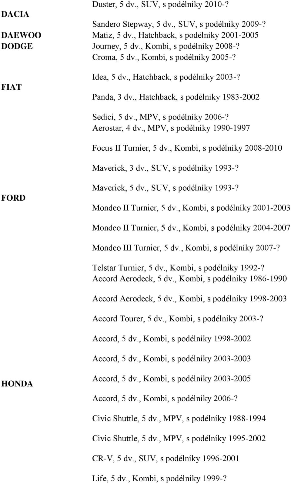 , MPV, s podélníky 1990-1997 Focus II Turnier, 5 dv., Kombi, s podélníky 2008-2010 Maverick, 3 dv., SUV, s podélníky 1993-? FORD Maverick, 5 dv., SUV, s podélníky 1993-? Mondeo II Turnier, 5 dv.