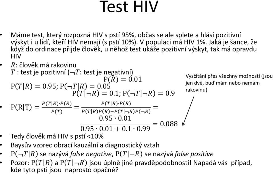 95; P T R = 0.05 P T R = 0.1; P T R = 0.9 P R T = P(T R) P(R) P(T) = P(T R) P(R) P T R P R +P T R P R = 0.95 0.01 0.95 0.01 + 0.1 0.99 = 0.