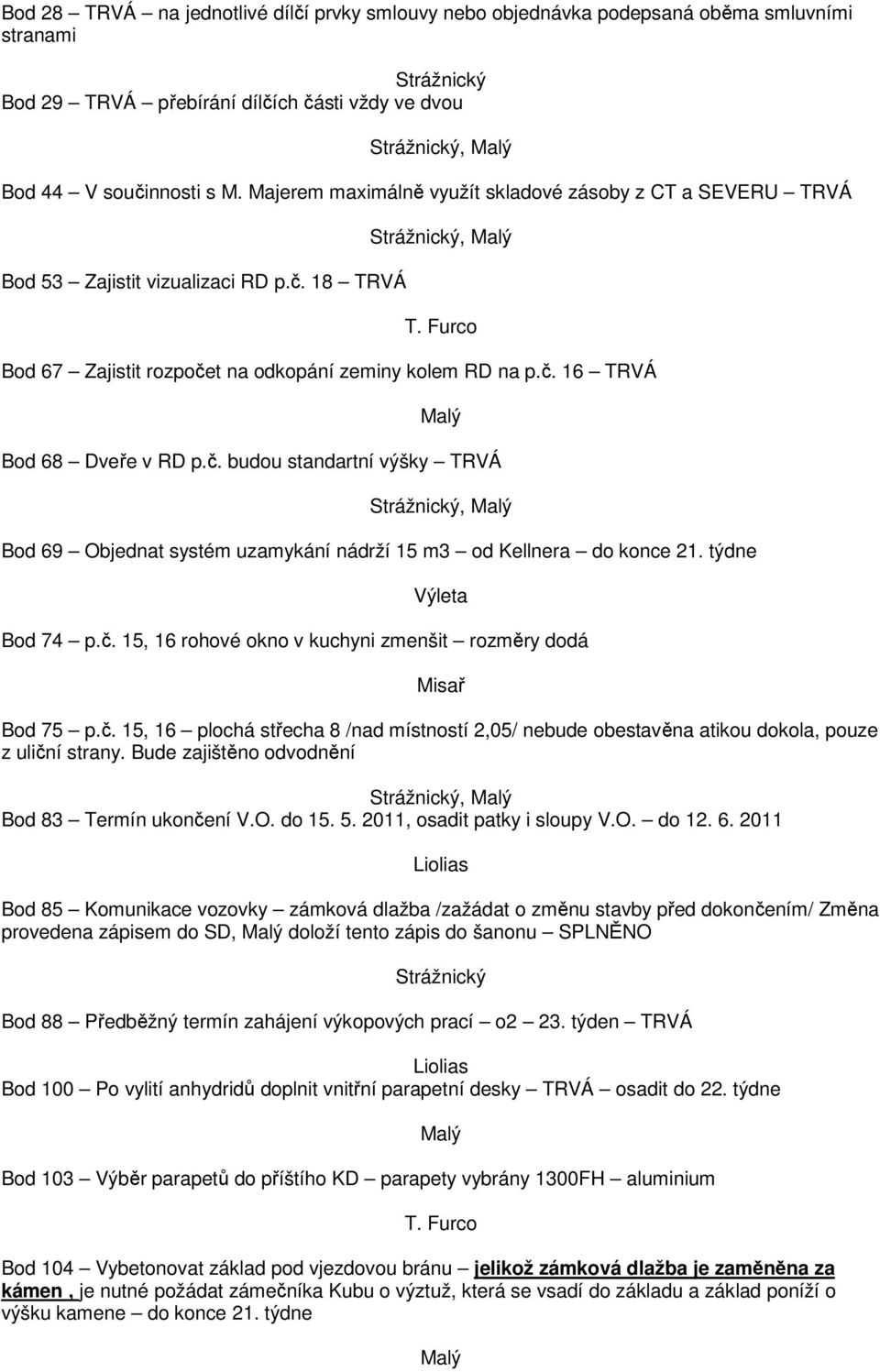 č. budou standartní výšky TRVÁ Strážnický, Bod 69 Objednat systém uzamykání nádrží 15 m3 od Kellnera do konce 21. týdne Výleta Bod 74 p.č. 15, 16 rohové okno v kuchyni zmenšit rozměry dodá Bod 75 p.č. 15, 16 plochá střecha 8 /nad místností 2,05/ nebude obestavěna atikou dokola, pouze z uliční strany.