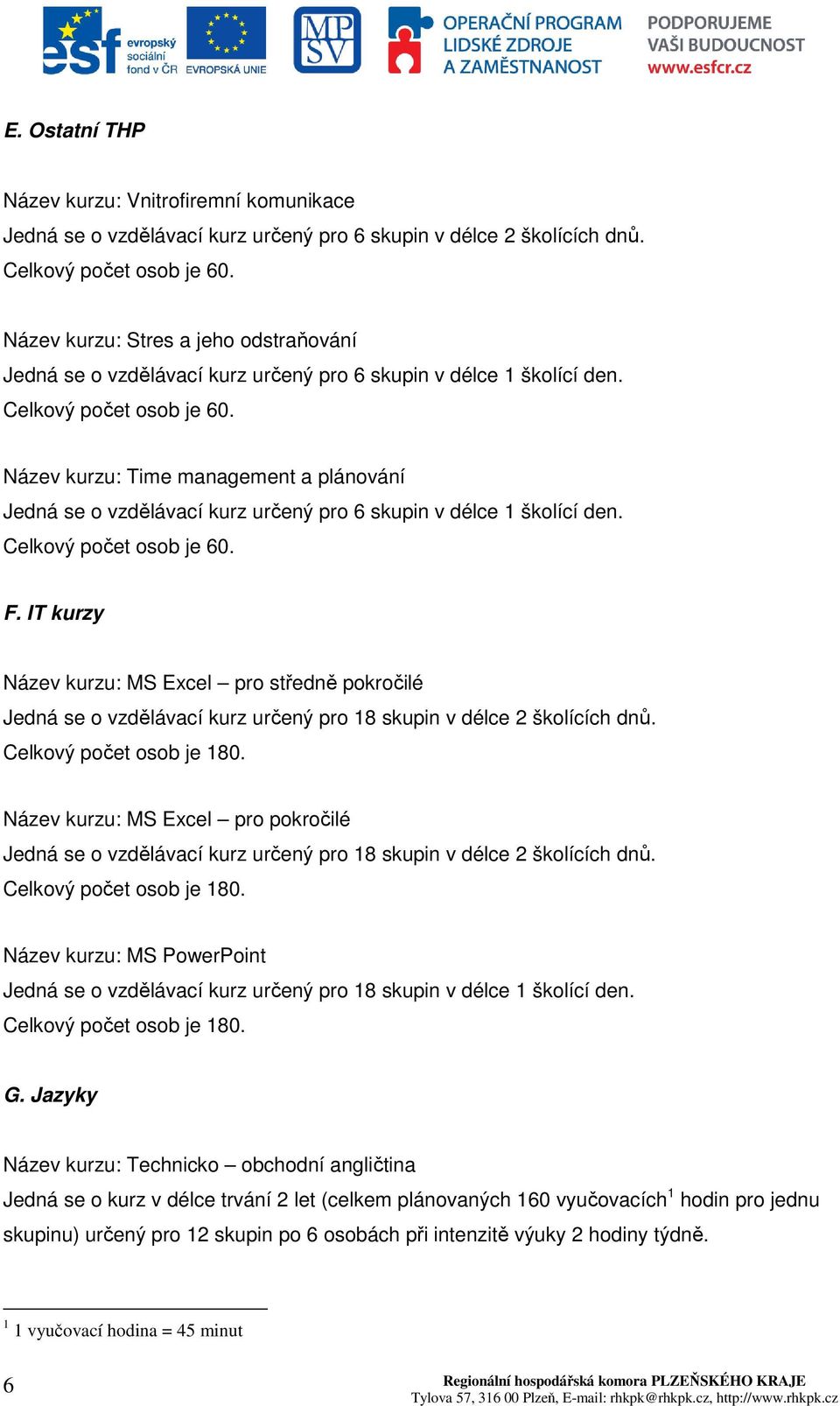 Název kurzu: Time management a plánování Jedná se o vzdělávací kurz určený pro 6 skupin v délce 1 školící den. Celkový počet osob je 60. F.