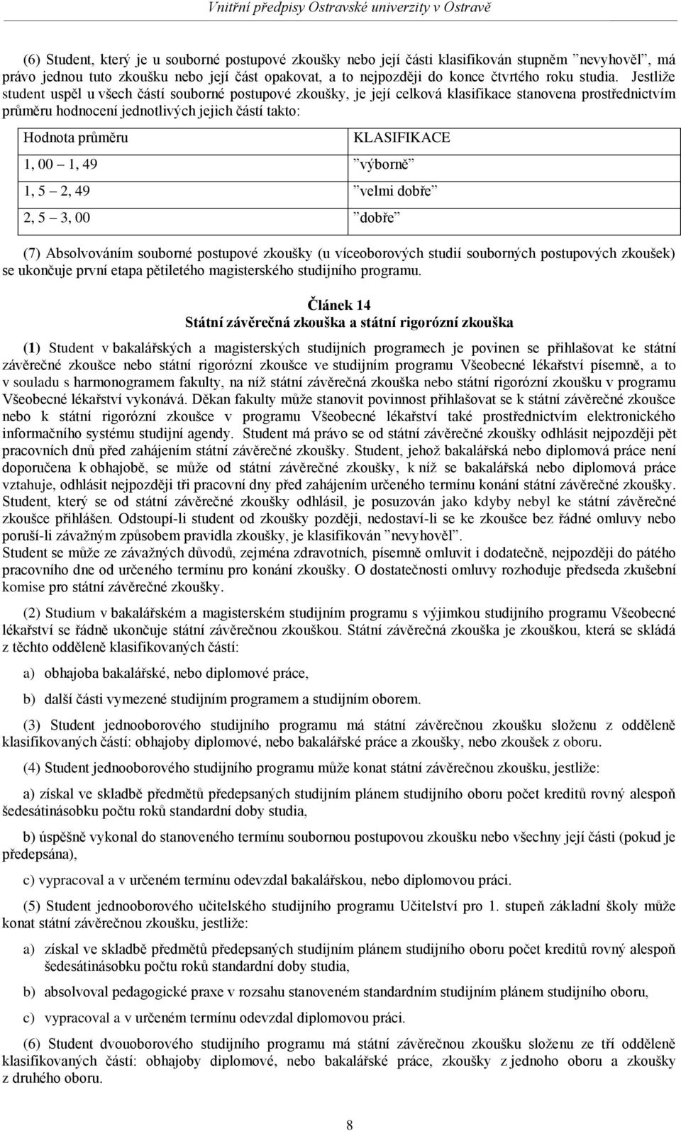 1, 00 1, 49 výborně 1, 5 2, 49 velmi dobře 2, 5 3, 00 dobře (7) Absolvováním souborné postupové zkoušky (u víceoborových studií souborných postupových zkoušek) se ukončuje první etapa pětiletého